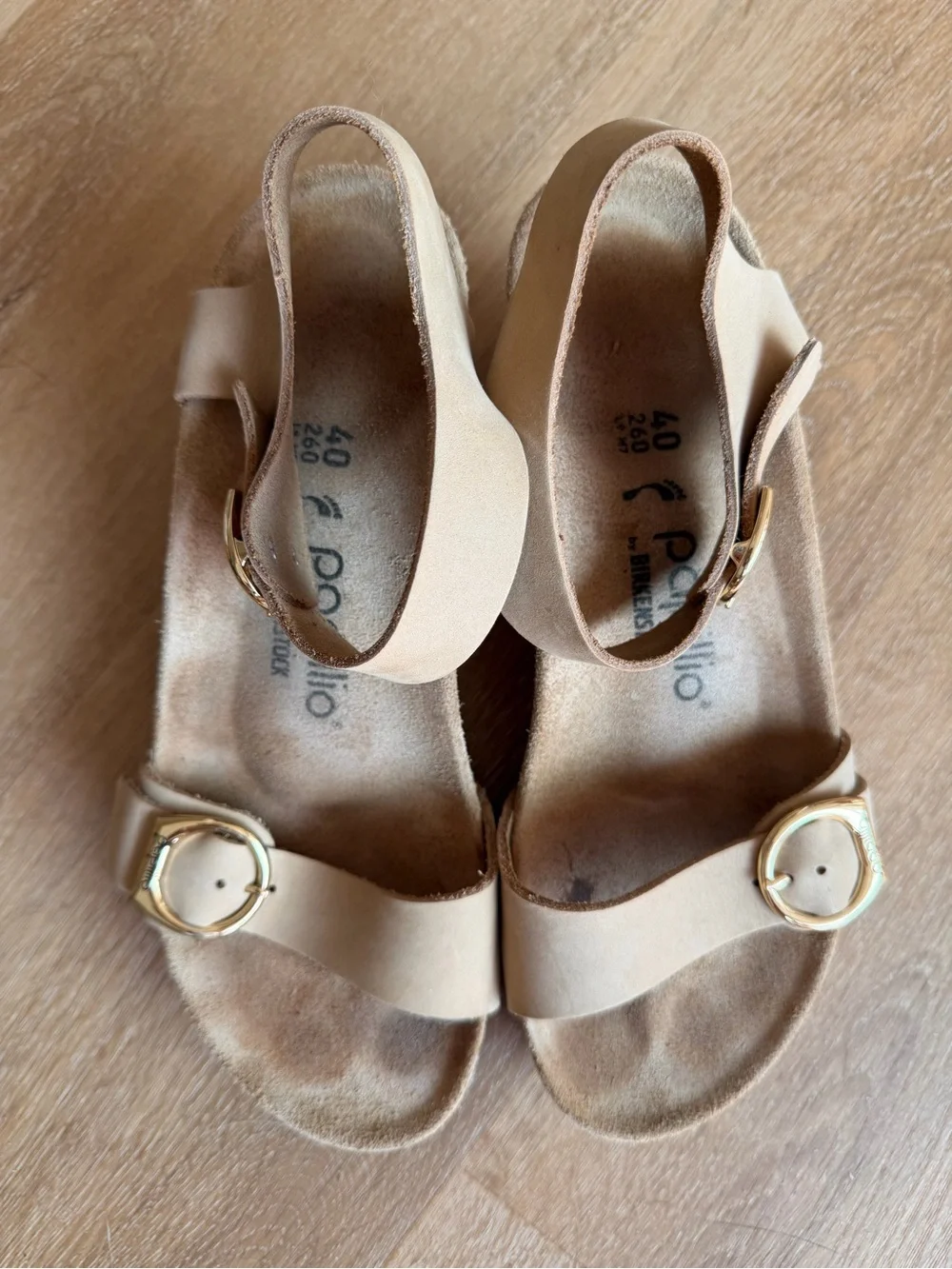 Birkenstock Papillio Soley Cork Wedge Heel Sandal Tan with Gold Buckles